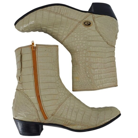 Max Leather Exotic Hornback Crocodile Cream Dress Boots Men 11 Handmade USA Shoe - Picture 4 of 16